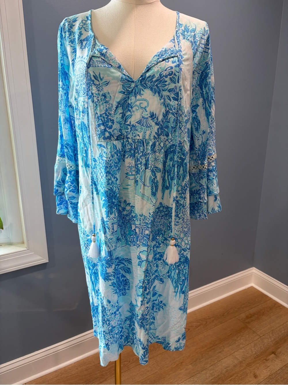 Lilly Pulitzer Blue Tropical Toile Tassel Tunic Dress Cover-Up Size Medium